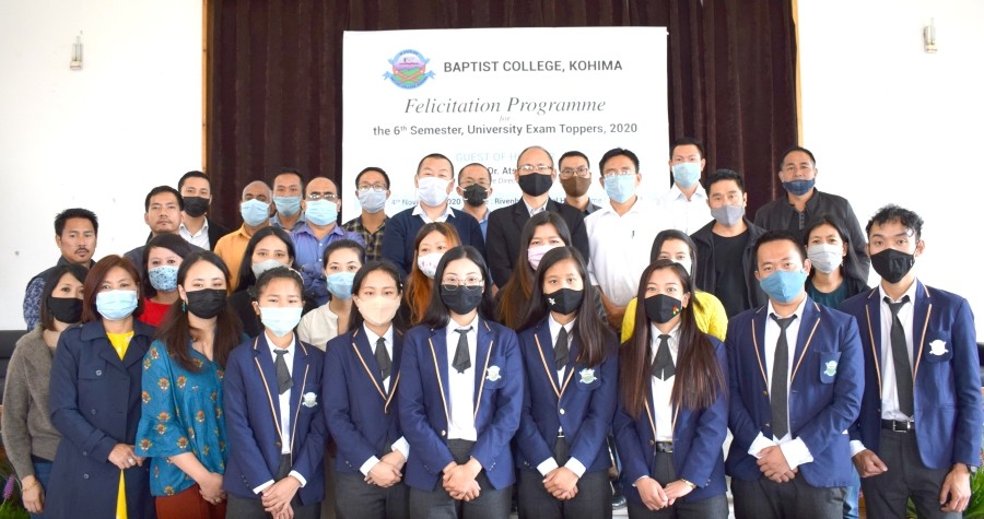 The Baptist College toppers with the guest and others during the felicitation programme held at Rivenburg’s Chapel Hall on November 4.